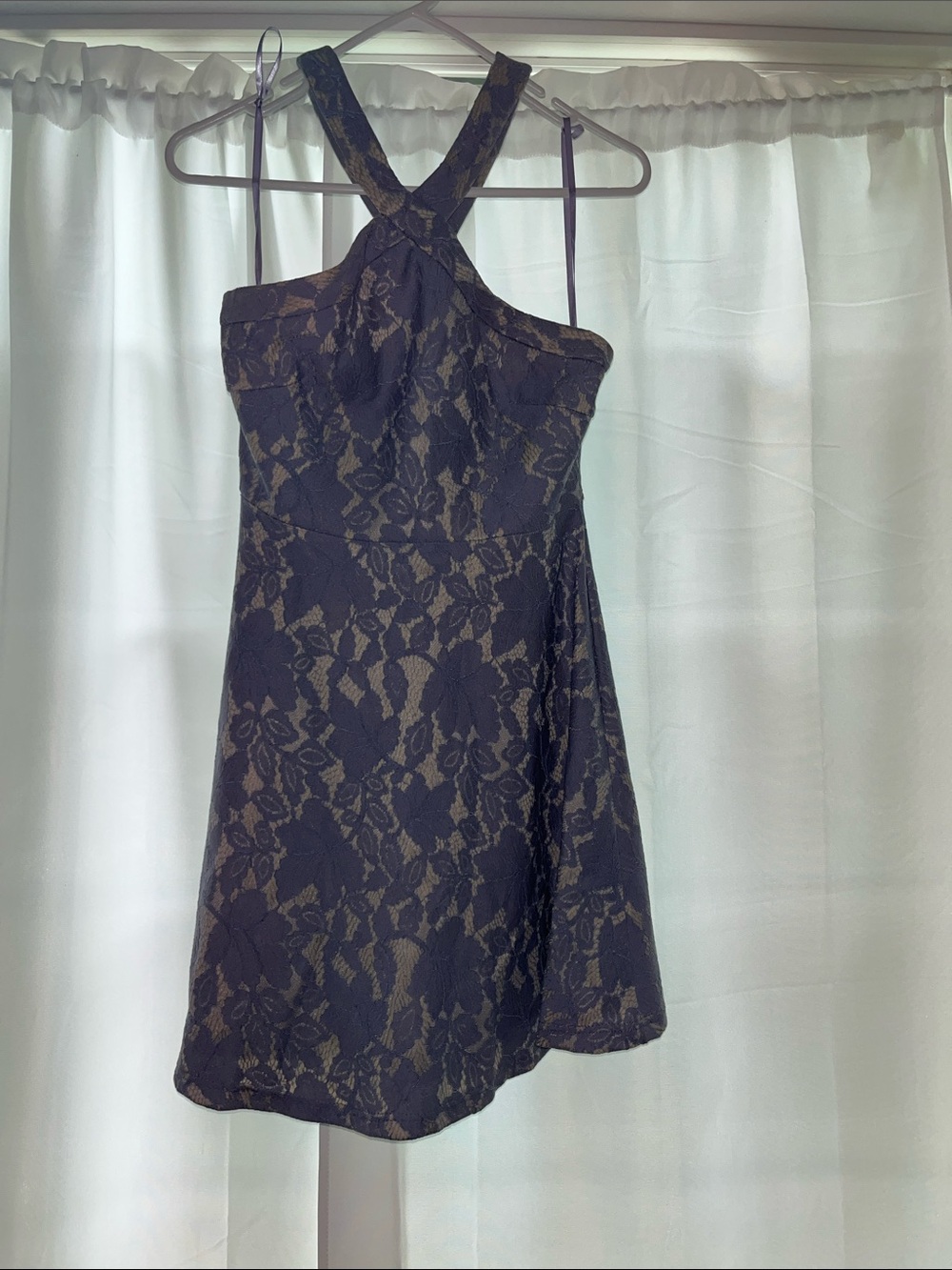 She + Sky Blue Lace Mini Halter Dress with Nude Underlay and Cross-Back Straps